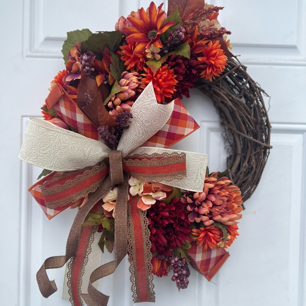 Handmade Autumn Harvest Grapevine Wreath with Fall Florals. 17” round.